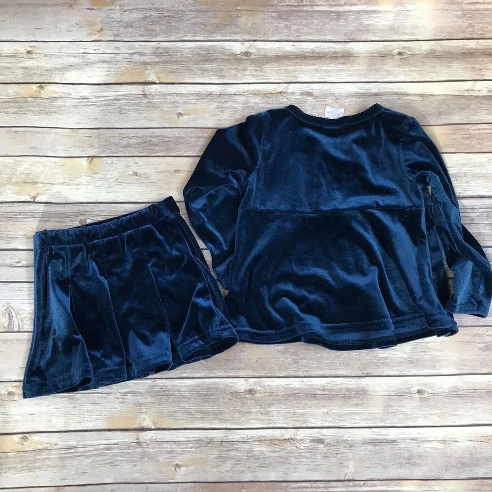 McKids Vintage Skirt Set Girls 4 Blue Velour Swing Skirt Embroidered Top Bows